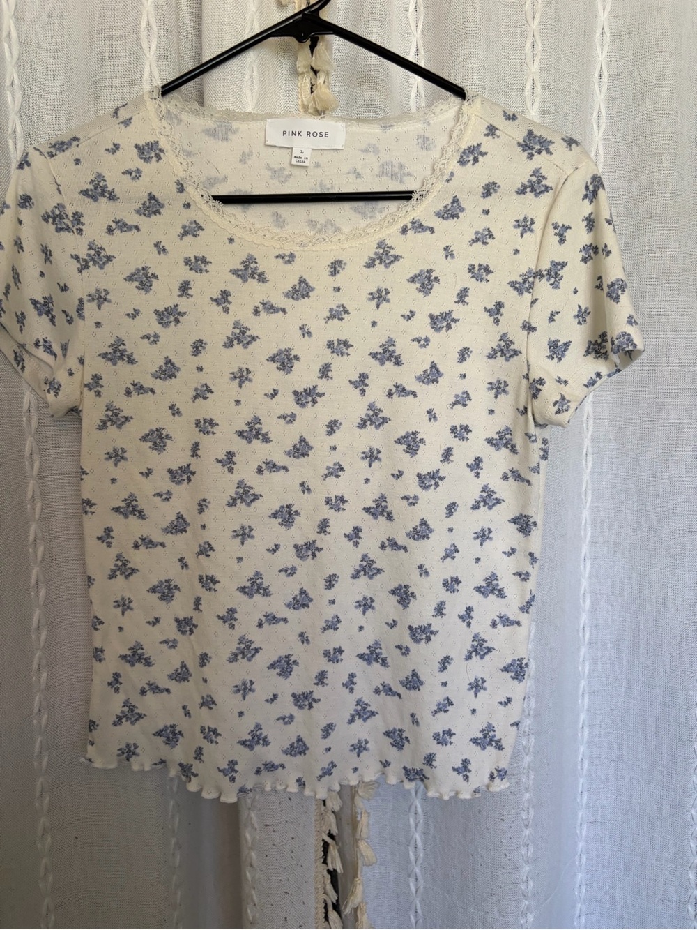 Pink Rose Cream Short Sleeve Crop Top with Blue Floral Print
